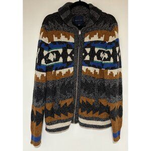 American Eagle Sweater Mens Medium Blue Brown Aztec Grandpa Cardigan Zip Thick M
